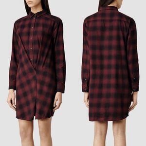 All Saints Kayla Plaid Shirt Dress Womens Size 2 Flannel Cotton Draped Burgundy